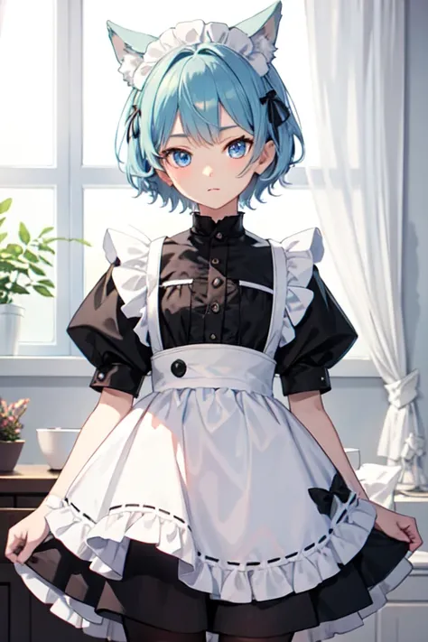 13 year old boy in maid outfit。Light blue short hair and kemonomimi。Light blue eyes。