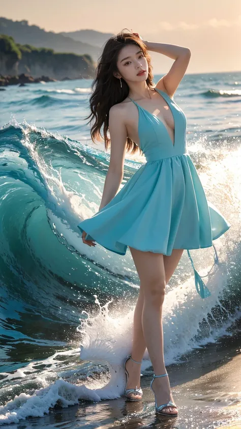 highest quality,masterpiece,Ultra-high resolution,(Actual:1.4),Original photo,Ultra-high resolution，8K，There is a woman，Fair skin，Exquisite makeup，Big waves，Turquoise Dress，High heels，Long legs，Bright and beautiful，Sexy Random Poses，Lively poses，