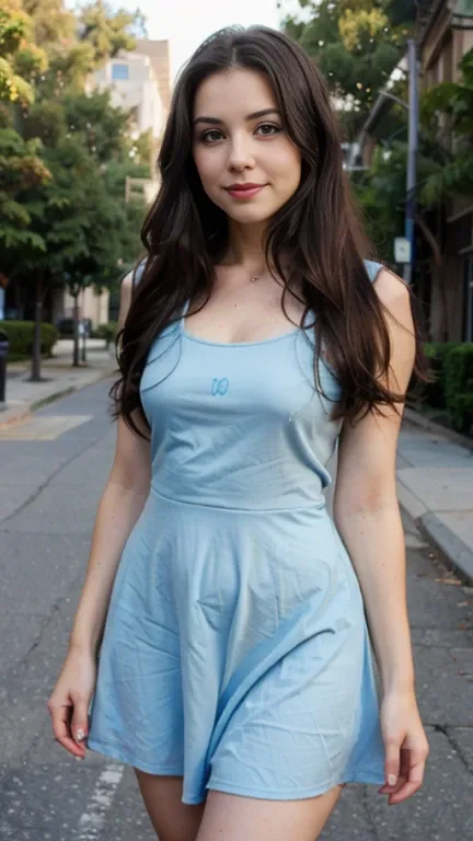 22 year old girl, rostro similar al de Amy Lee, ojos azules, sonrisa, cabello negro, cuerpo completo, vestido corto 