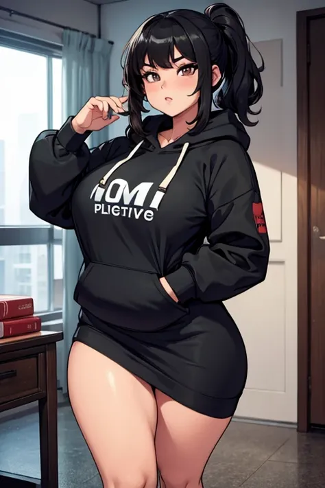 a hot asian girl with big  wearing a black hoodie