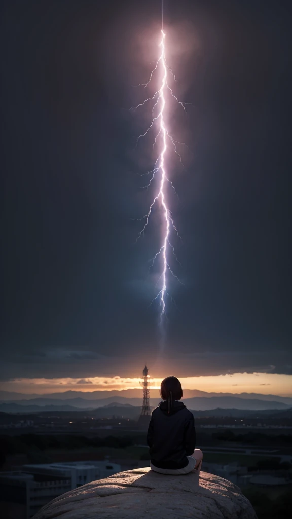 Anime girl sitting on a rock looking at the sky,A tower piercing the sky in the distance, makoto shinkai cyril rolando, anime art wallpaper 4k, anime art wallpaper 4k, Cyril Rolland and Goro Fujita, anime art wallpaper 8k, 4k anime wallpaper, anime wallpap...