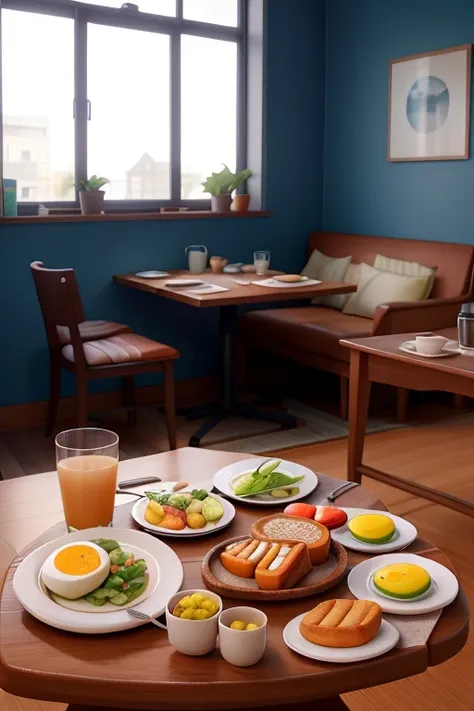 Bright room in the morning,Toast, fried eggs, salad and coffee on a dining table,breakfast,A refreshing morning,sunny,Anime Style