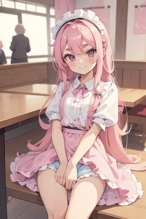 girl with pink hair, long double-tailed hairstyle, ((small pink bushy eyebrows)), dressed in lolita clothing, marked vagina, lol...