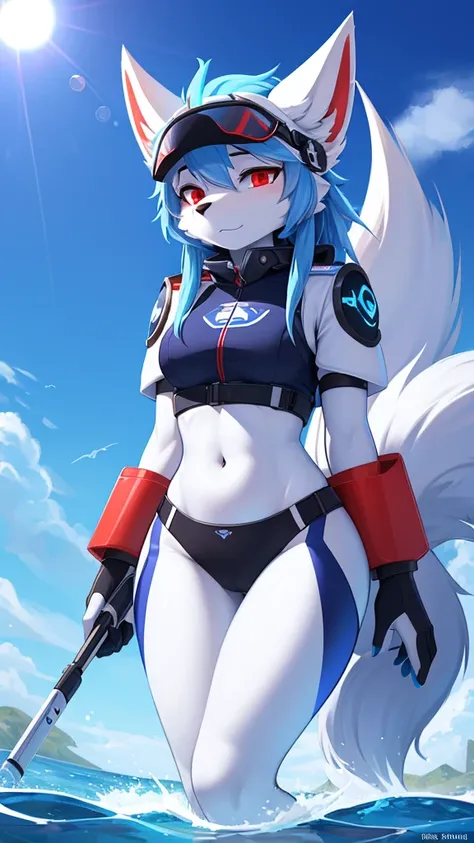 ((best quality, Masterpiece, perfect anatomy, Detailed pictures)), 1 female, arctic protogen, arctic wolf, Long visor, white visor, red eyes, blue hair, sexy body, Big Pong, Future military clothing, fluffy tail, shy, in the sea, front view