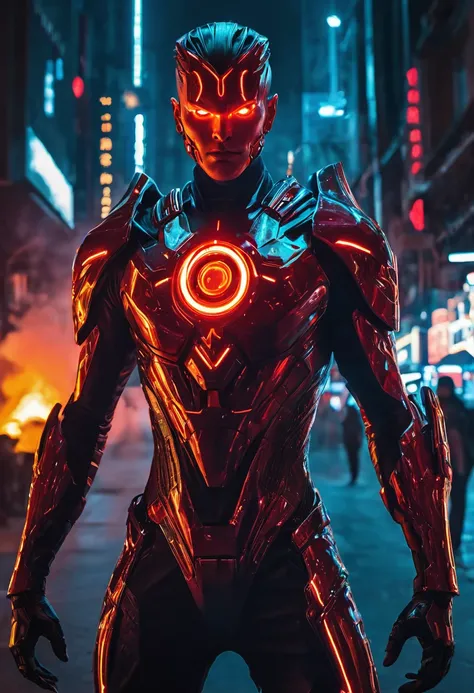 un homme aux yeux brillants et un costume rouge debout devant un feu, fond incroyable, Torche humaine, veines rouges brillantes, puissance rayonnante, image d&#39;avatar, veines rouges brillantes, veines brillantes et brillantes, costume de flamme cyberpun...