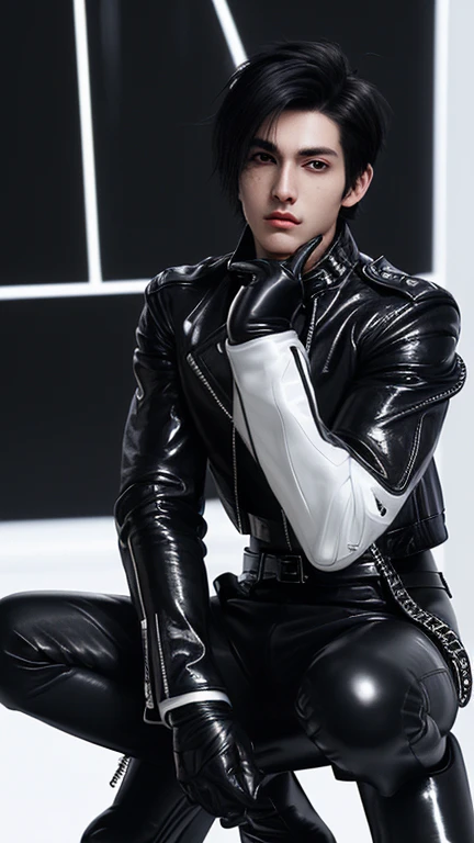 Final Fantasy-style graphics, young, Cute and cool Japanese boys, Thin eyebrows and big eyes,  He is wearing a shiny white single-breasted leather jacket......。Biker style leather jacket、 with epaulettes,  The jacket is zipped up, The jacket pockets are bl...