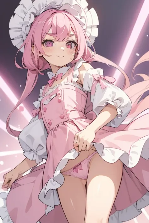 Girl with pink hair, long double-tailed hairstyle, ((small pink bushy eyebrows)), dressed in lolita clothing, marked vagina, lolicon (Zankuro) drawing style by zankuro artist, Zancro style, image uploaded to R34, looking at the camera with a flirtatious sm...