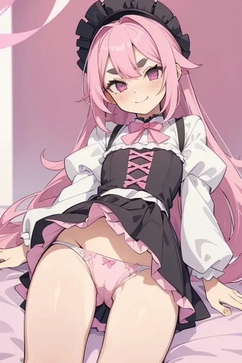 Girl with pink hair, long double-tailed hairstyle, ((small pink bushy eyebrows)), dressed in lolita clothing, marked vagina, lolicon (Zankuro) drawing style by zankuro artist, Zancro style, image uploaded to R34, looking at the camera with a flirtatious sm...