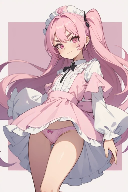 Girl with pink hair, long double-tailed hairstyle, ((small pink bushy eyebrows)), dressed in lolita clothing, marked vagina, lolicon (Zankuro) drawing style by zankuro artist, Zancro style, image uploaded to R34, looking at the camera with a flirtatious sm...