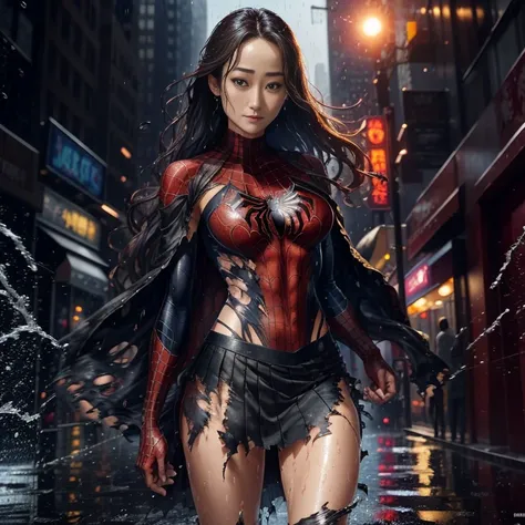 Maggie Q、マーベル・コミック映画のPoster, Very beautiful, Movies about Spiderman, sexy, whole body, Im wearing a skirt、Premiere date, Poster、belly buttonを突き出す、new york、She&#39;s wearing a torn Spider-Man suit,The suit is torn、Wearing a skirt、 Red and black color scheme...