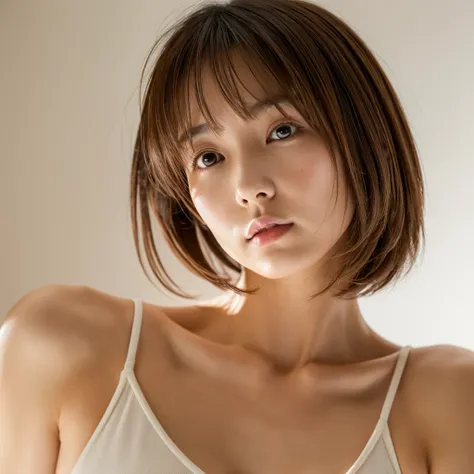 Japanese, Short women,  Physical build, Short arms, Long, narrow eyes, Fleeting atmosphere, 30 years old, Brown bob hair, ((Thin lips)), White top and bottom underwear, Masterpiece, highest quality, Detailed skin, Detailed face, Fine grain, 8k, Excellent a...