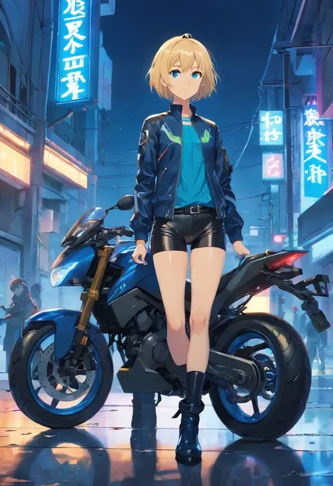 17 years old Women, ((Blonde)), ((Blue eyes)), ((Short hair)), ((Full Body)), stand in front of a futuristic bike, with black latex pants, short and Small leather jacket, leather boots with heels, night wet floor