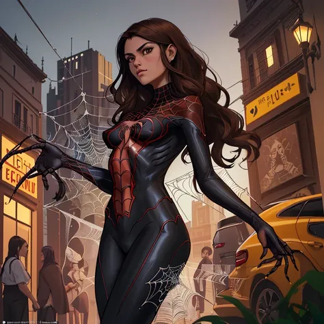 (Obra maestra, mejor calidad), detalles intrincados, 8k, art station, fondo de pantalla, arte oficial, arte salpicado, Sharp focus,
1 chica, pelo largo, colas gemelas, Brown eyes, pelo oscuro, 
 spider suit, spiderweb printing, spiderweb,  
rascacielos, Ci...