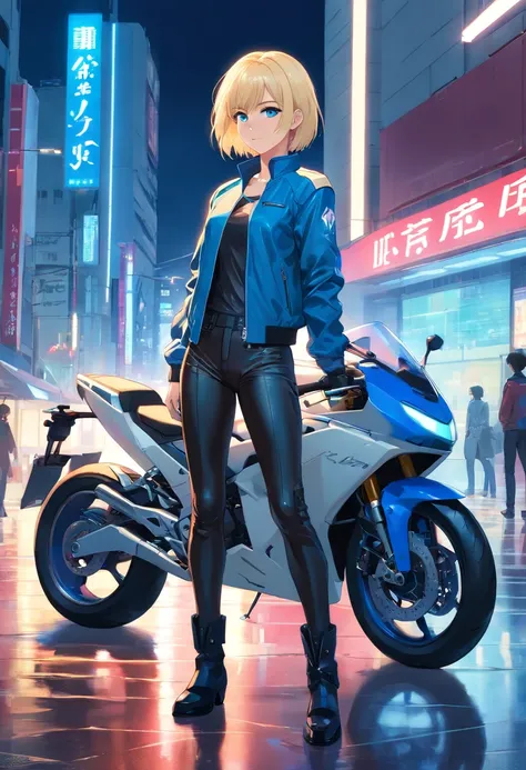 17 years old Women, ((Blonde)), ((Blue eyes)), ((Short hair)), ((Full Body)), stand in front of a futuristic bike, with black latex pants, short and red small leather jacket, leather boots with heels, night wet floor