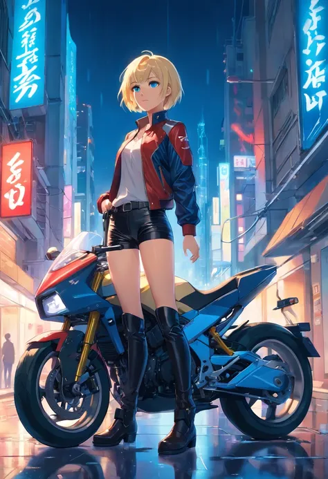 17 years old Women, ((Blonde)), ((Blue eyes)), ((Short hair)), ((Full Body)), stand in front of a futuristic bike, with black latex pants, short and red small leather jacket, leather boots with heels, night wet floor