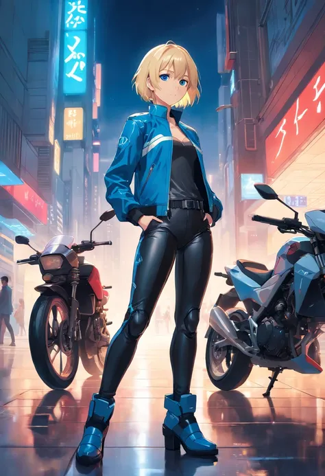 17 years old Women, ((Blonde)), ((Blue eyes)), ((Short hair)), ((Full Body)), stand in front of a futuristic bike, with black latex pants, short and red small leather jacket, leather boots with heels, night wet floor