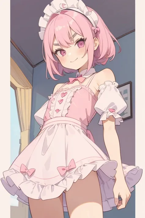 Girl with pink hair, long double-tailed hairstyle, ((small pink bushy eyebrows)), dressed in lolita clothing, marked vagina, lolicon (Zankuro) drawing style by zankuro artist, Zancro style, image uploaded to R34, looking at the camera with a flirtatious sm...