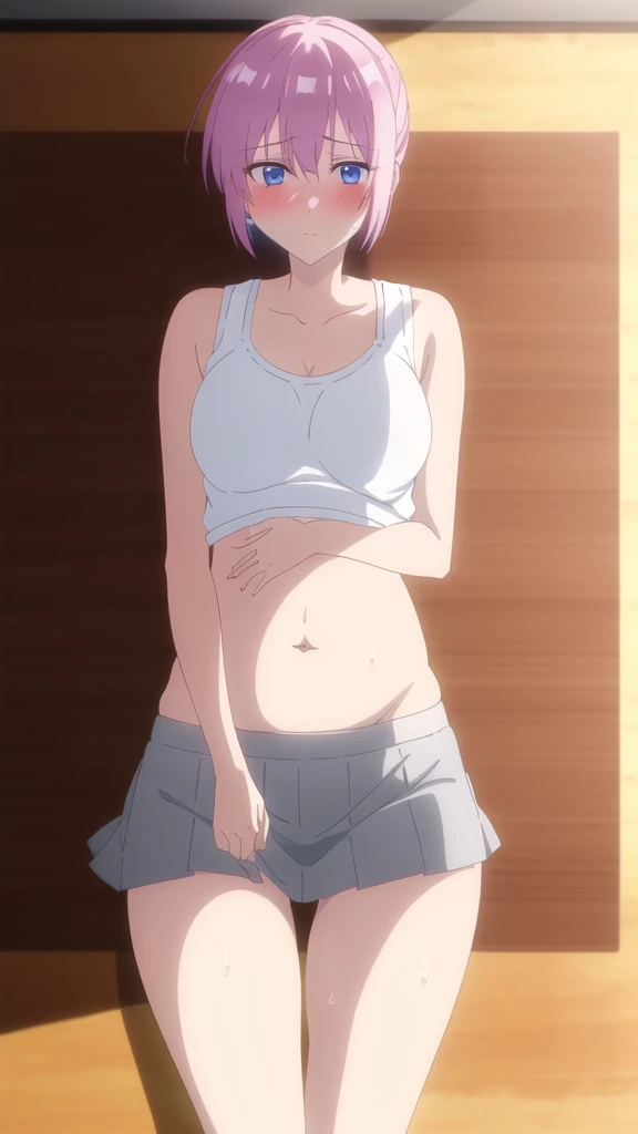 masterpiece, high quality, 8k, Beautiful lighting,sunny day, 1 girl, alone, Miyako Shikimori, ,((White tank top)),,(See-through clothing), Sweat,（（（White panties）））,(Grey mini skirt）,（（（Panty shot）））, ((Belly details)),(slender thighs), Detailed navel, blu...