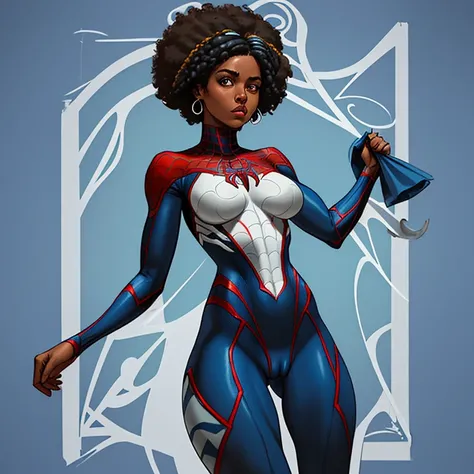 Beautiful woman posing behind a defined and detailed body wearing a Spider-Man cosplay with blue and white colors, delgado , pata de camello, cameltoe, cabello afro crespo, hermosa mujer negra cubana de cabello largo y peinado en rastras 