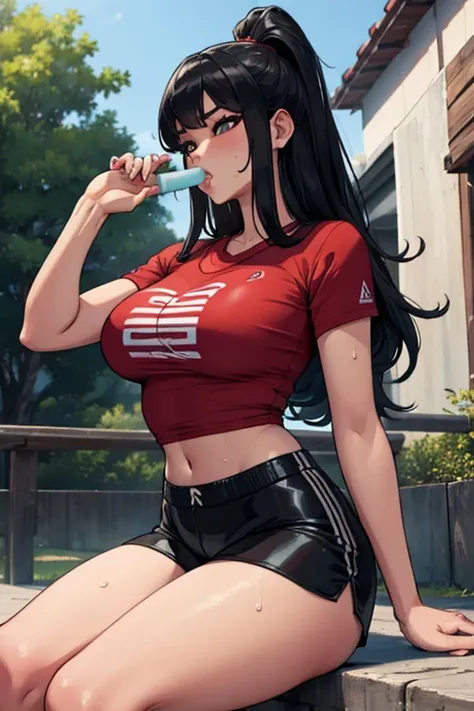 a hot asian girl with big  sweating wearing a black tight shorts eating a popsicle