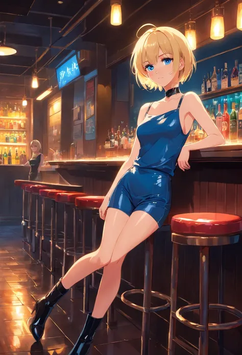 17 years old Women, ((Blonde)), ((Blue eyes)), ((Short hair)), ((Full Body)), stand in a bar with black latex suite and sleeveless t-shirt that falls from one shoulder, high heels boots, night wet floor