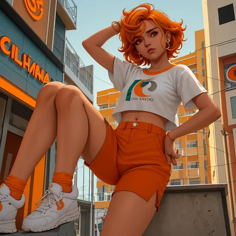 Joven chica con mucho cabello corto en forma circular y rizado, color naranja, piel bronceada, ojos ambar, blusa naranja con mangas amarillas, con pantalon naranja con tenis blancos, en un edificio de la ciudad, con luces neones, con una bebida