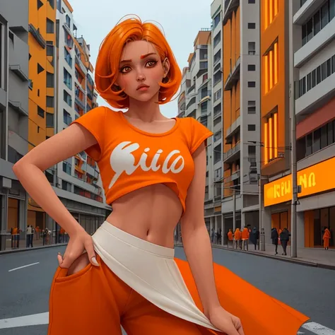 Joven chica con mucho cabello corto en forma circular y rizado, color naranja, piel bronceada, ojos ambar, blusa naranja con mangas amarillas, con pantalon naranja con tenis blancos, en un edificio de la ciudad, con luces neones, con una bebida