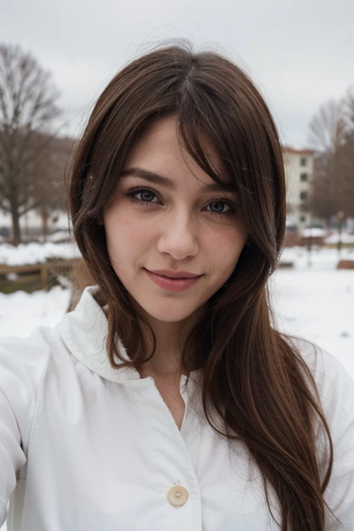 Modelo turca con rasgos albinos , cabello rojo ondulado ,ojos verdes , piel clara en la nieve , tomando un selfie , sonriendo.