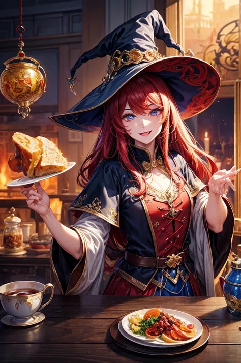 masterpiece, best quality, Wizard Tea , magic tea , magic, Red Cliff, Handsome witch, Very detailed and realistic eyes, Happy, Energetic, rich and colorful,