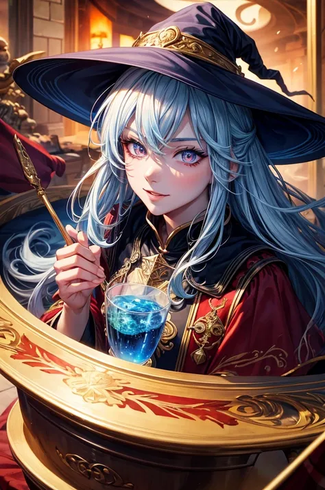 masterpiece, best quality, Wizard Tea , magic tea , magic, Red Cliff, Handsome witch, Very detailed and realistic eyes, Happy, Energetic, rich and colorful,