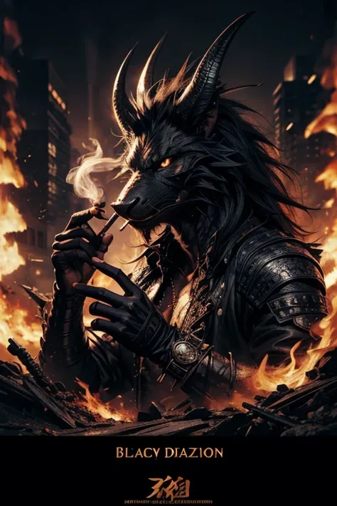 (black dragon),(hairy mane),(holding cigarette),(stoned eyes),(steam from nose),(hyperdetailization),(8k resolution),(poster)