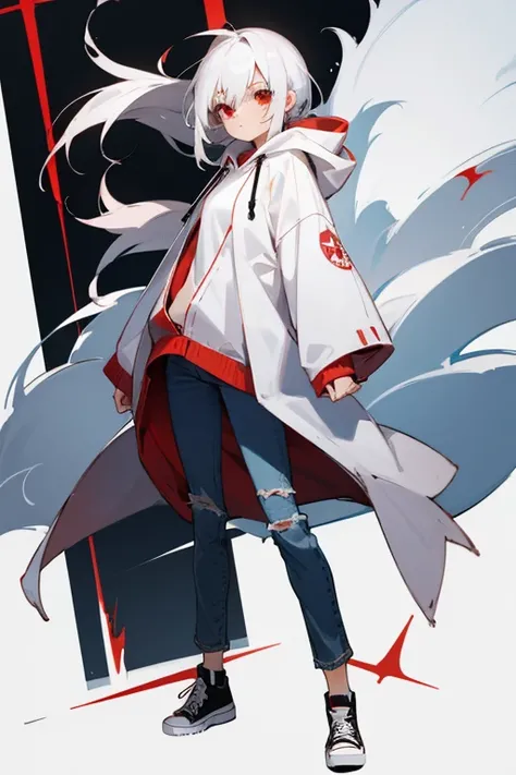 anime_art_style, 1girl, white_hair, red_eyes, hoodie, robe, jeans, converse, standing