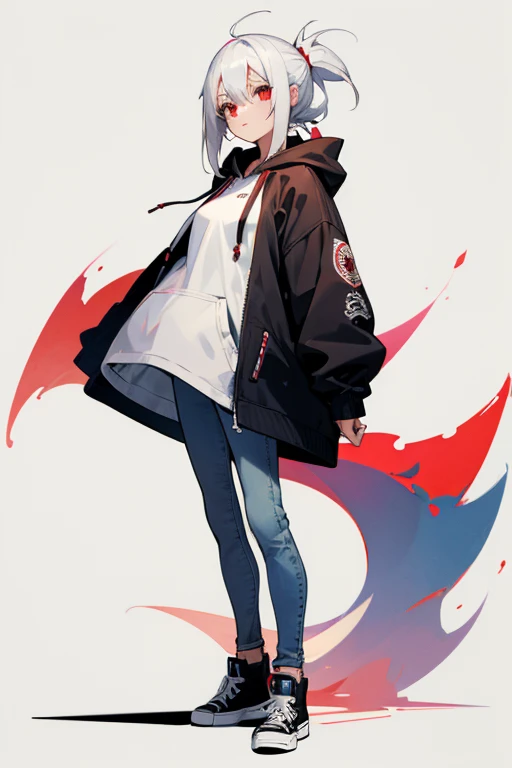 anime_art_style, 1girl, white_hair, red_eyes, hoodie, robe, jeans, converse, standing