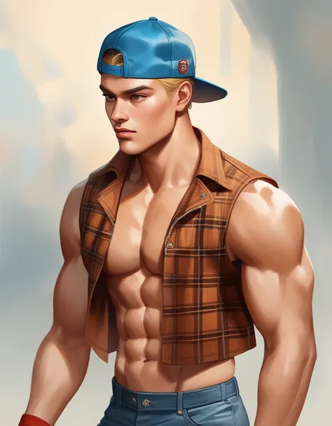 1guy, musclar, solo, blonde, backwards hat, open shirt, cropped shirt, red collared shirt, sleeveless shirt, brown plaid shirt, abs, blue baseball cap, jeans, red wristbands, very short hair, thick waist, upper legs, masculine, handsome, realistic, 1990s, ...