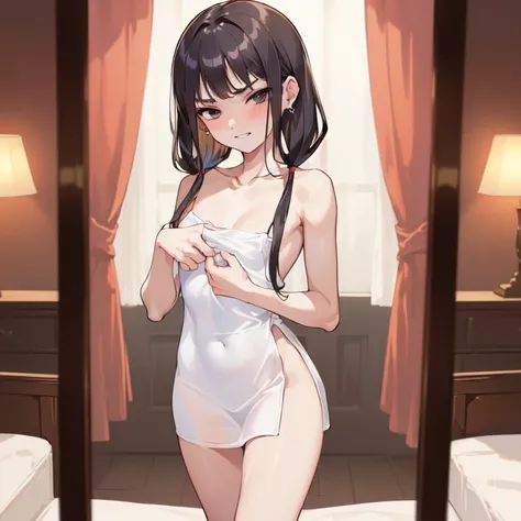 (Masterpiece), ((Best Quality)), (Super Detailed), (Perfect Body), (((1 girl)),(((14years old))),((baby face)),((petite)),skinny, Black hair, low twintails: 1.4, Dark eyes, half closed eyes,(((Elegant bedroom)), Naked bath towel, Small breast, Bare shoulde...