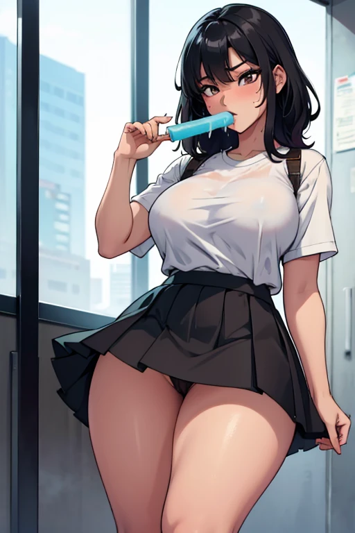 a hot asian girl with big  and big thighs  sweating wearing a black tiny skirt eating a popsicle