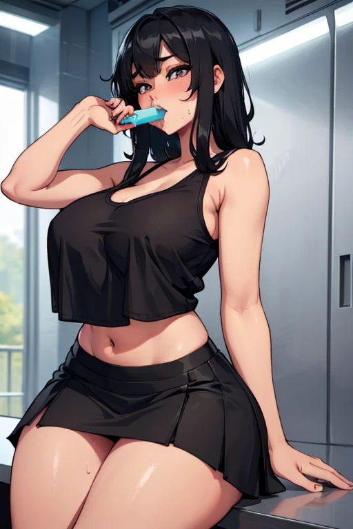 a hot asian girl with big  and big thighs  sweating wearing a black tiny skirt eating a popsicle