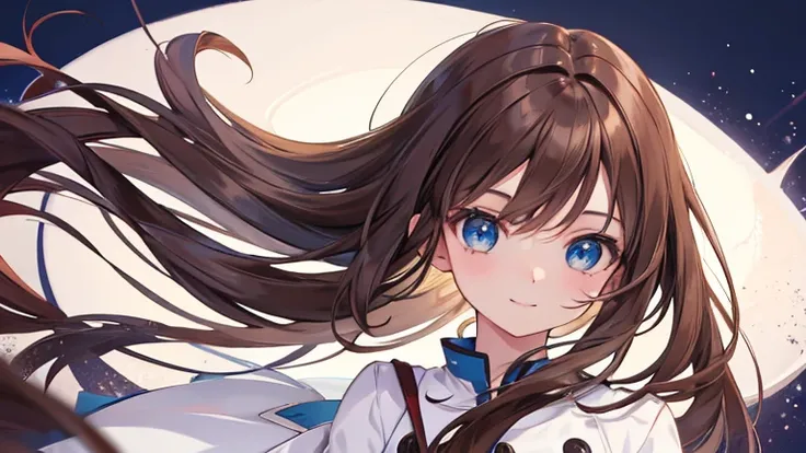 Anime Style,highest quality, masterpiece,Brown Hair, blue eyes, smile,Simple Background,One girl, Flowing Hair