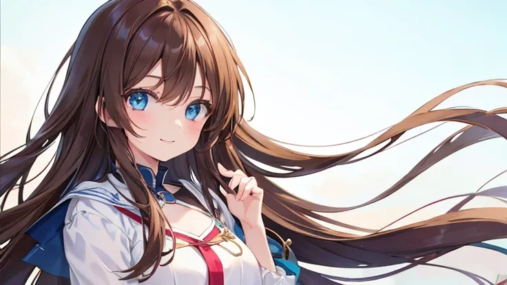 Anime Style,highest quality, masterpiece,Brown Hair, blue eyes, smile,Simple Background,One girl, Flowing Hair