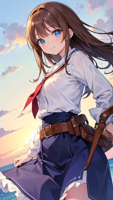 Anime Style,highest quality, masterpiece,Brown Hair, blue eyes, smile,Simple Background,One girl, Flowing Hair