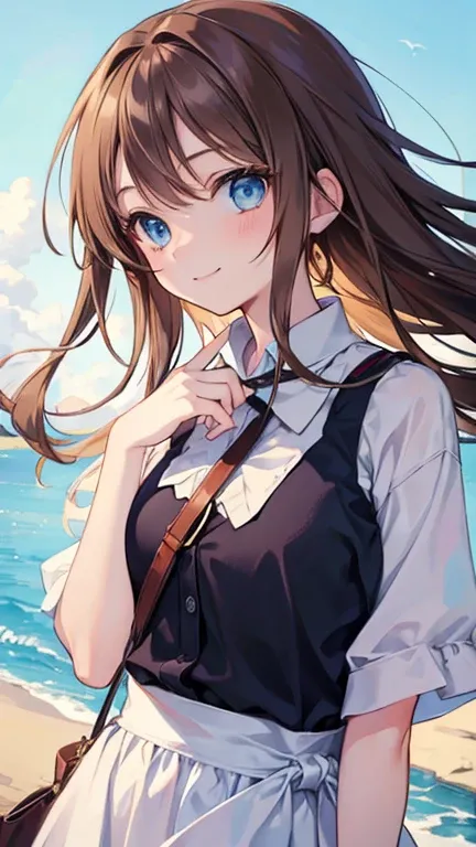 Anime Style,highest quality, masterpiece,Brown Hair, blue eyes, smile,Simple Background,One girl, Flowing Hair