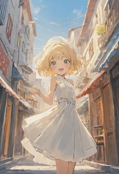 cute standing on the street in Mediterranean port city, Wind, Pale blond hair, bob hair, white hat, white dress, blue sky, laugh, double tooth, dramatic coastal, japanese anime style