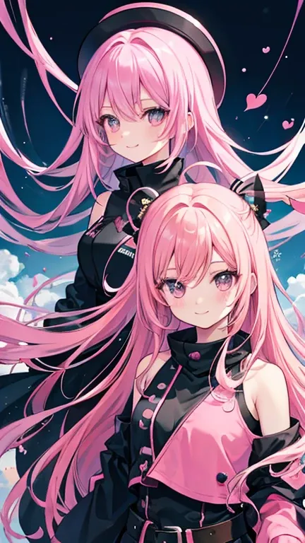 Anime Style,highest quality, masterpiece,Pink Hair,  Black eyes, smile,Simple Background,Two Girls, fluid movement