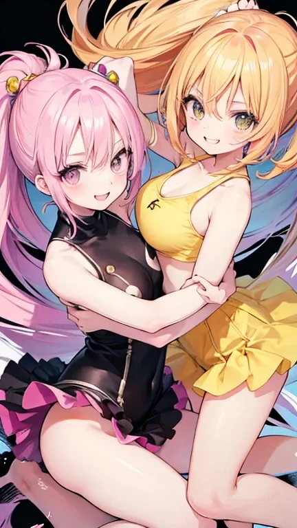 Anime Style,highest quality, masterpiece,Pink and yellow hair,  Black eyes, smile,Simple Background,Two Girls, fluid movement,one piece