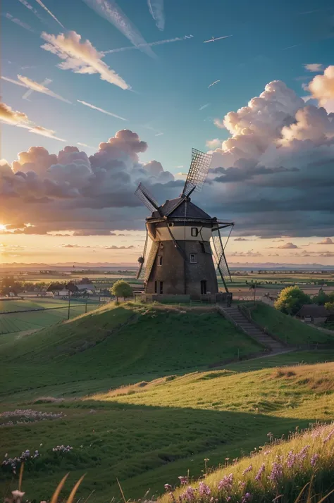 a close up of a windmill in a field with a sky background, anime landscape, anime background art, sunset background, colorful anime movie background, anime landscape wallpaper, beatiful backgrounds, anime scenery, anime countryside landscape, anime backgro...