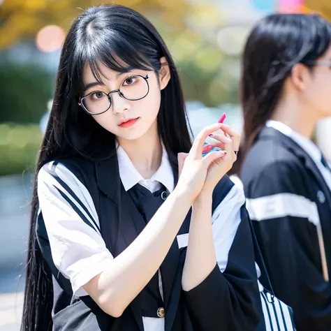 beautiful pale Korean girl with black hair and glasses in  with hime cut