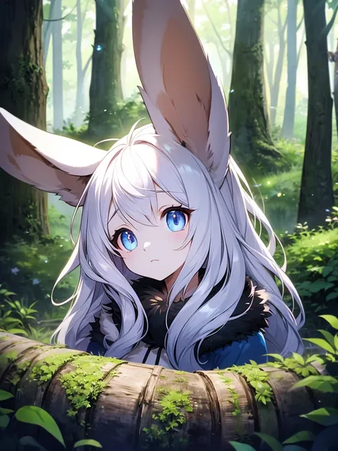 Hairy Girl,rabbit，Extremely fine fur,forest,Tree Hole，Looking at the audience，Sad eyes，blue eyes，Silver hair