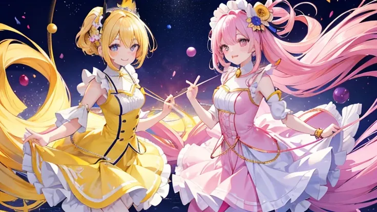 Anime Style,highest quality, masterpiece,Pink and yellow hair,  iris, smile,Simple Background,Two Girls, fluid movement,Long skirt with ruffles,Planet Dance