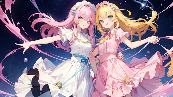 Anime Style,highest quality, masterpiece,Pink and yellow hair,  iris, smile,Simple Background,Two Girls, fluid movement,Long skirt with ruffles,Planet Dance