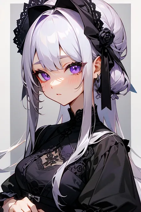 Gray Hair、long、Eyes are purple、black lace dress、cute、